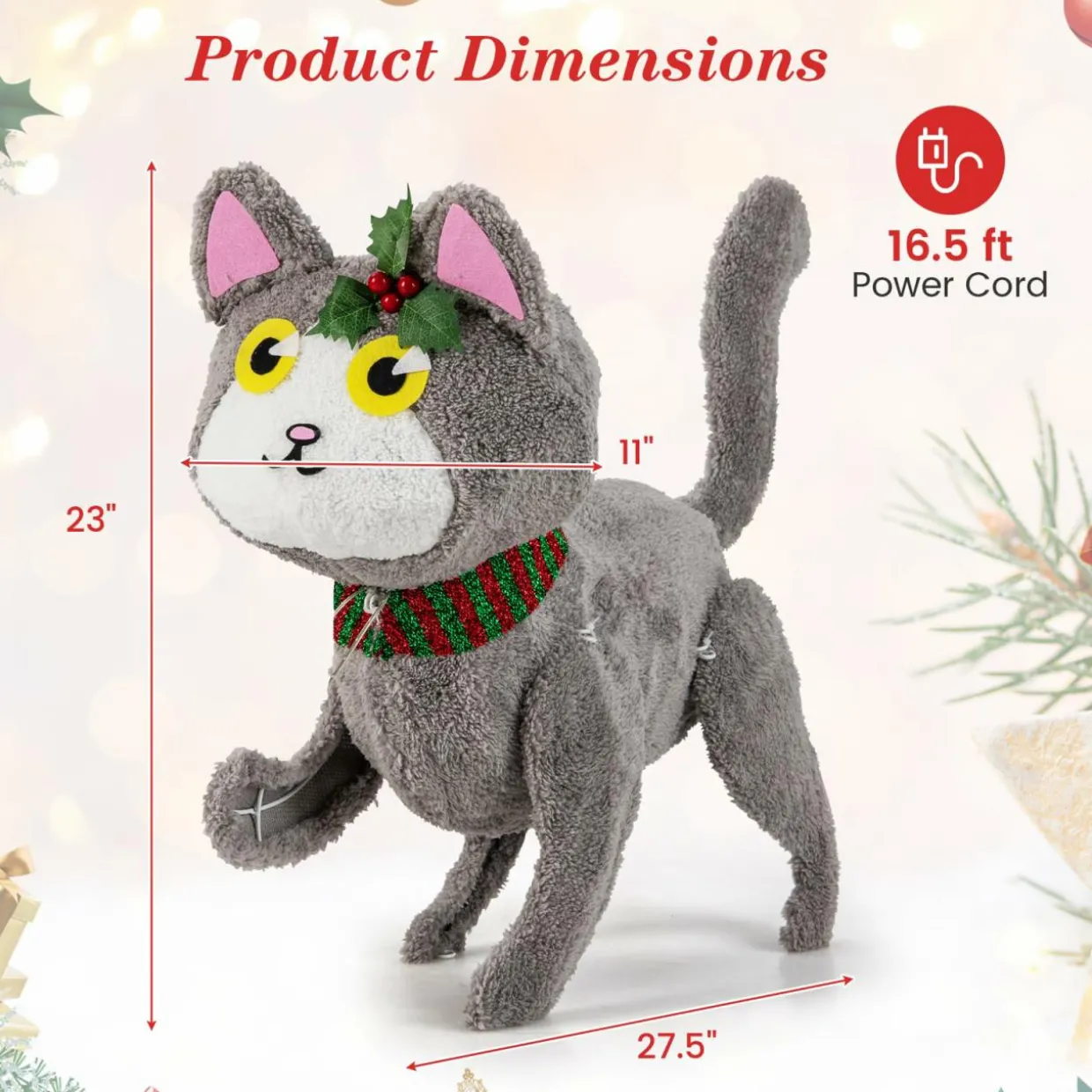 Tangkula 23 Inches Christmas Decoration, Pre-lit 88 LED Light Up 3D Cute Cat with Warm White Light and Plug