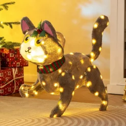 Tangkula 23 Inches Christmas Decoration, Pre-lit 88 LED Light Up 3D Cute Cat with Warm White Light and Plug