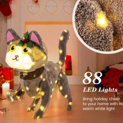 Tangkula 23 Inches Christmas Decoration, Pre-lit 88 LED Light Up 3D Cute Cat with Warm White Light and Plug