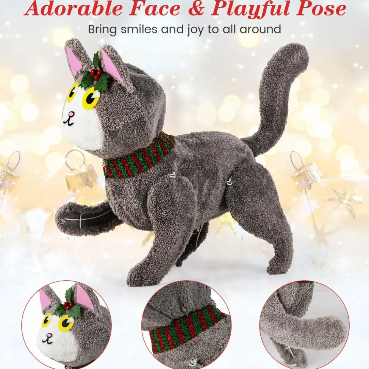 Tangkula 23 Inches Christmas Decoration, Pre-lit 88 LED Light Up 3D Cute Cat with Warm White Light and Plug