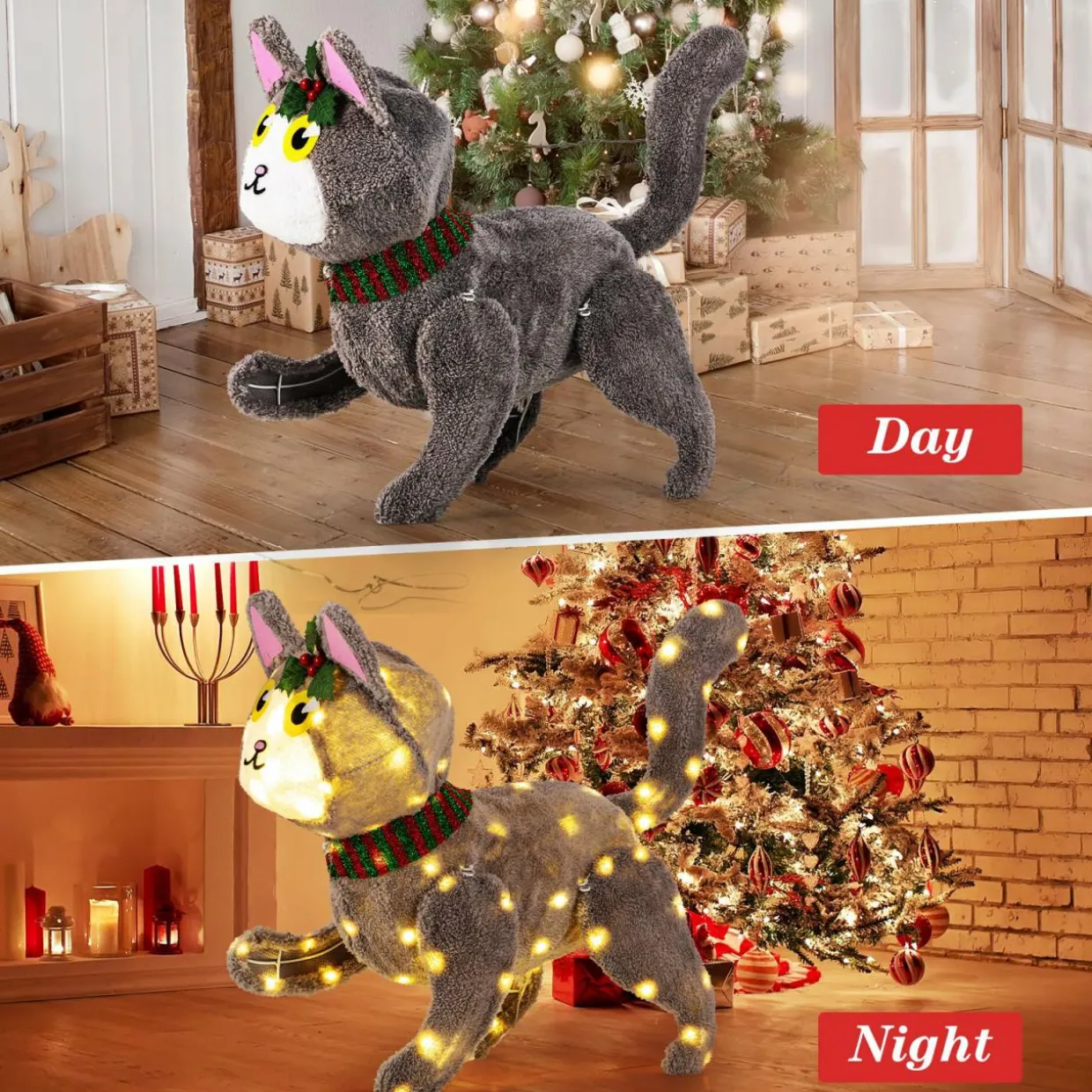 Tangkula 23 Inches Christmas Decoration, Pre-lit 88 LED Light Up 3D Cute Cat with Warm White Light and Plug