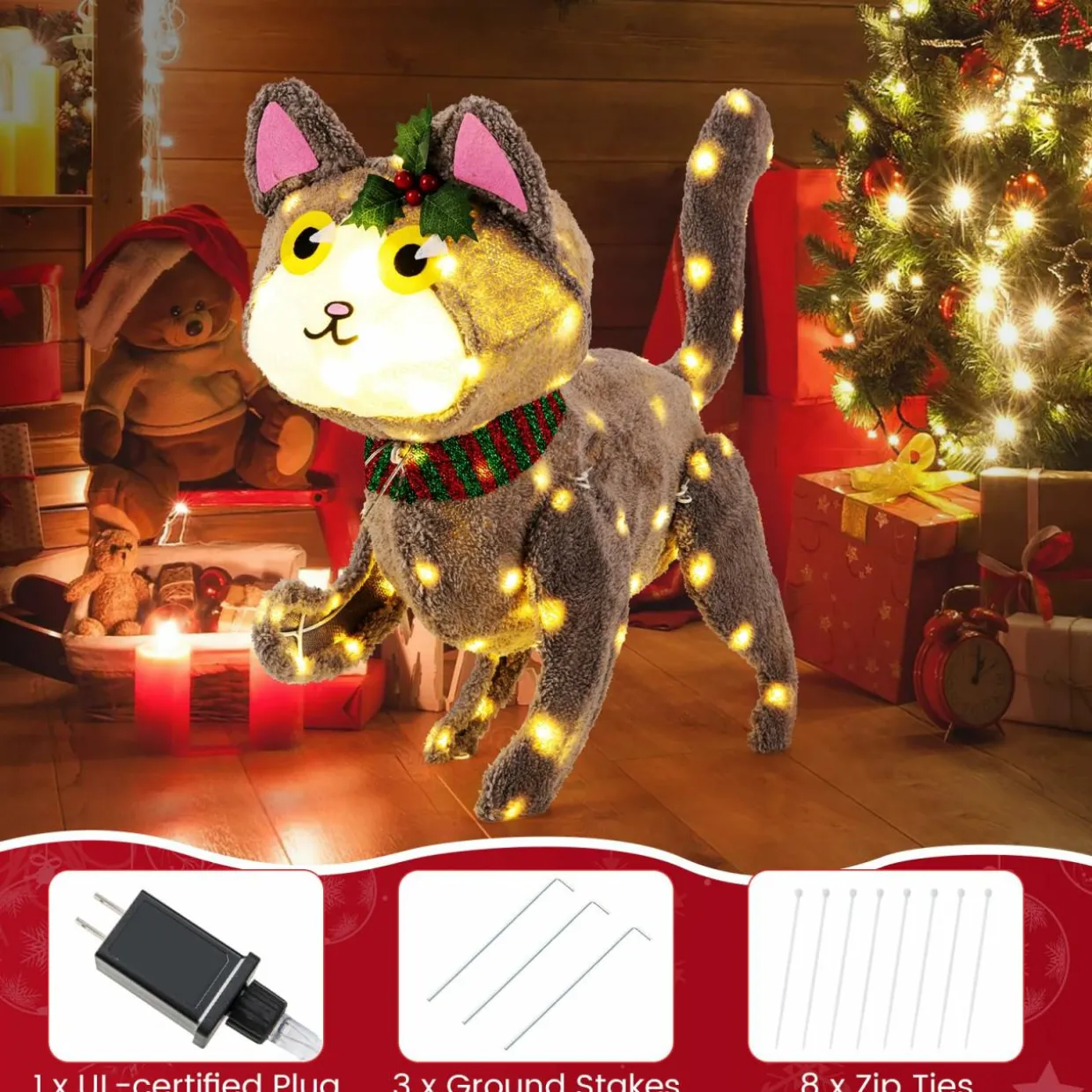 Tangkula 23 Inches Christmas Decoration, Pre-lit 88 LED Light Up 3D Cute Cat with Warm White Light and Plug