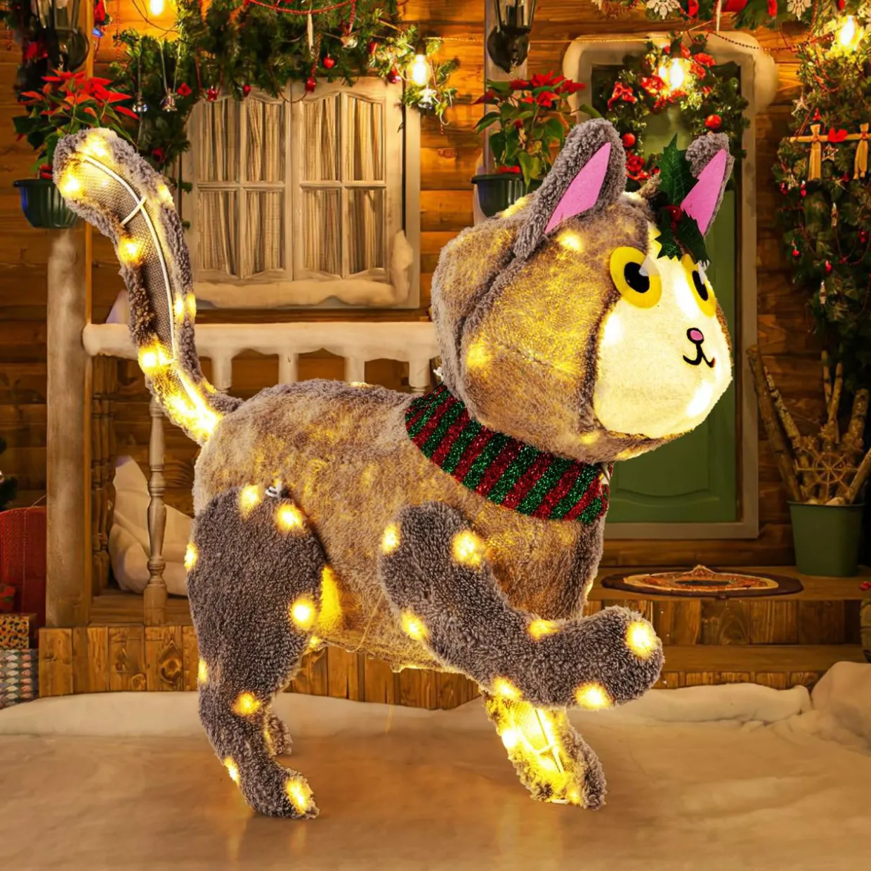 Tangkula 23 Inches Christmas Decoration, Pre-lit 88 LED Light Up 3D Cute Cat with Warm White Light and Plug