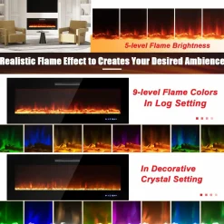 Tangkula 50 Inches Electric Fireplace Insert, Reccessed and Wall Mounted 5,000 BTU Electric Fire Place,with 2 Heat Settings
