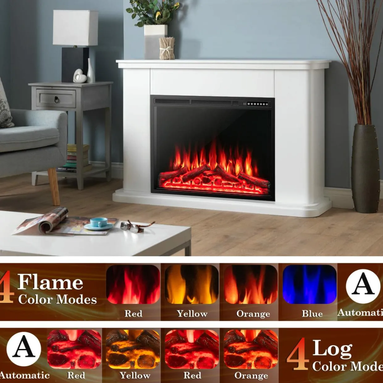 Tangkula 34 Inches Electric Fireplace Insert, Recessed and Freestanding Fireplace Heater with Touch Panel