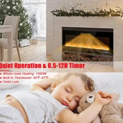 Tangkula 50 Inches Electric Fireplace Insert, Reccessed and Wall Mounted 5,000 BTU Electric Fire Place,with 2 Heat Settings