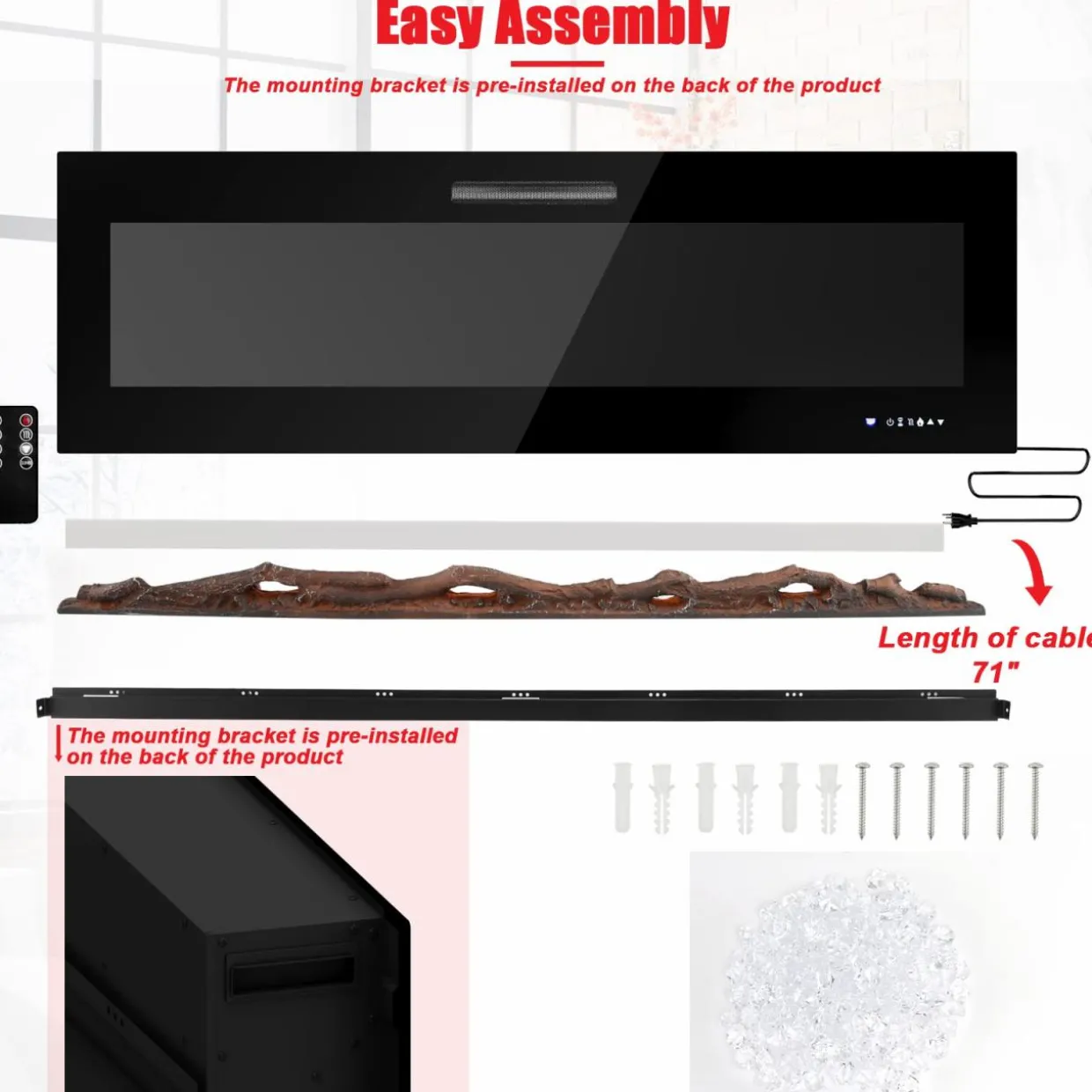 Tangkula 50 Inches Electric Fireplace Insert, Reccessed and Wall Mounted 5,000 BTU Electric Fire Place,with 2 Heat Settings