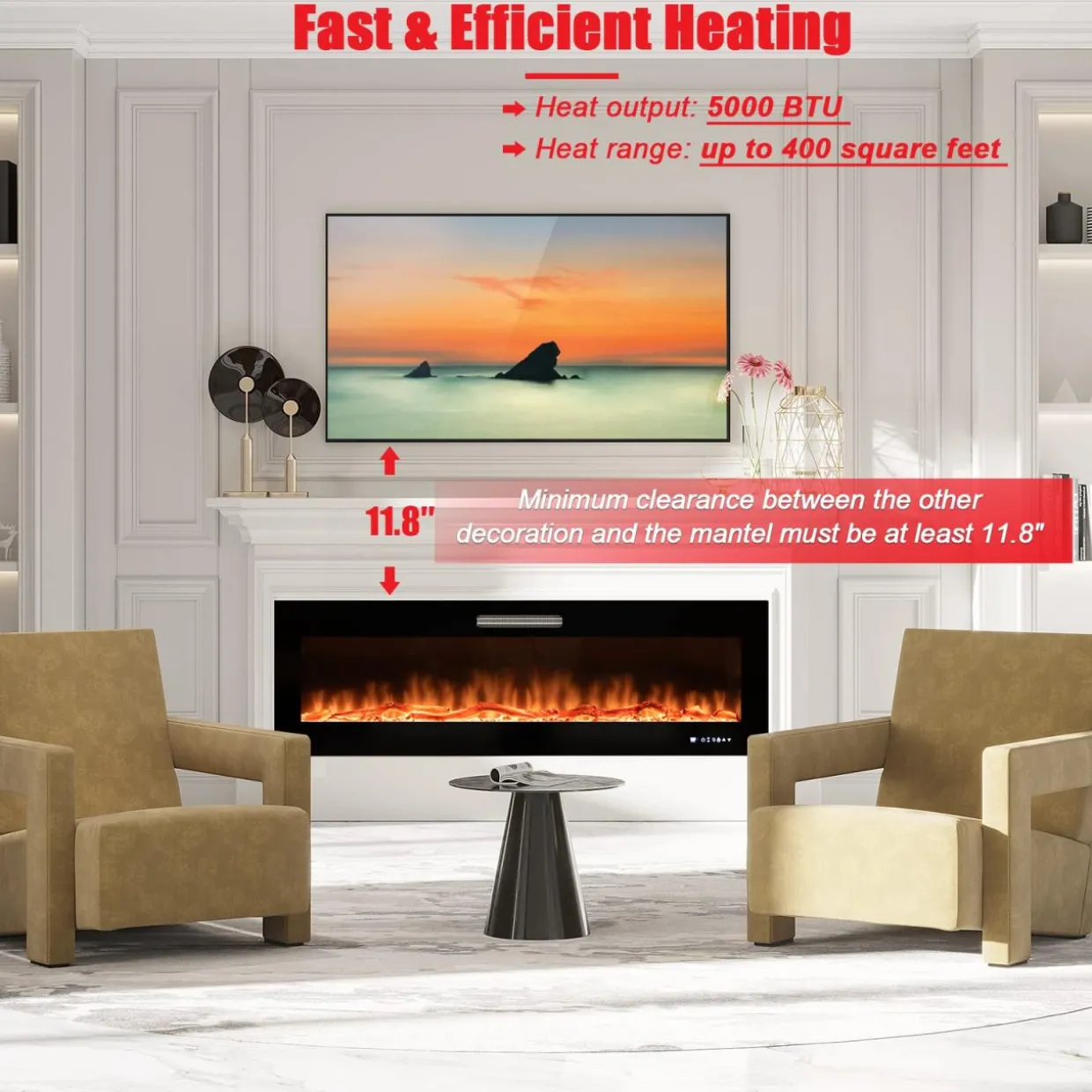 Tangkula 50 Inches Electric Fireplace Insert, Reccessed and Wall Mounted 5,000 BTU Electric Fire Place,with 2 Heat Settings