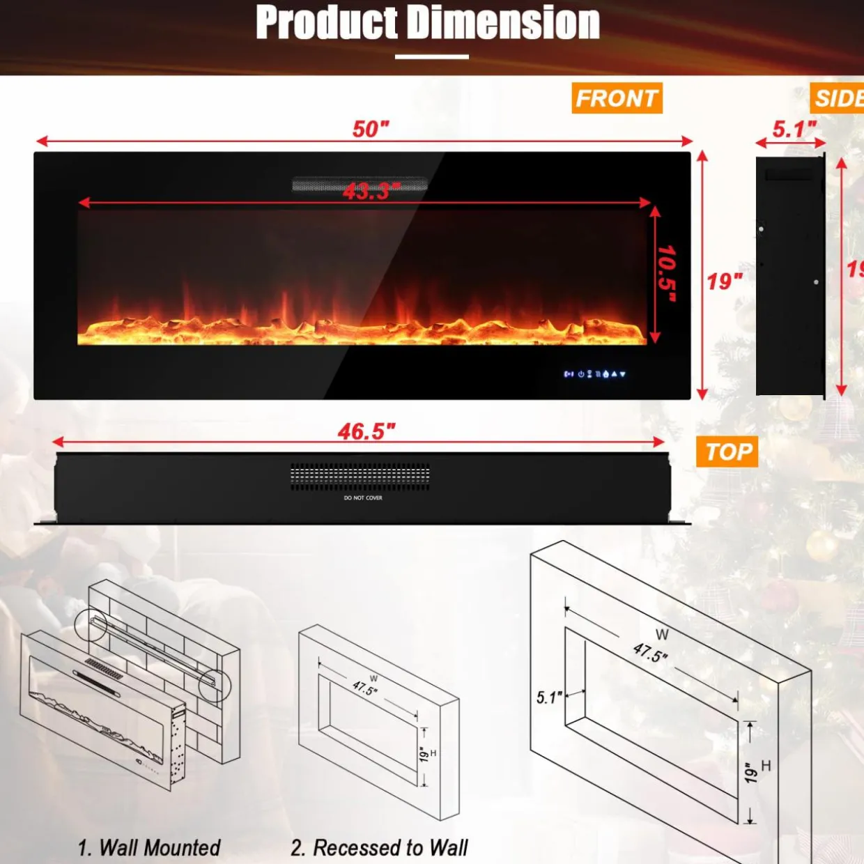 Tangkula 50 Inches Electric Fireplace Insert, Reccessed and Wall Mounted 5,000 BTU Electric Fire Place,with 2 Heat Settings