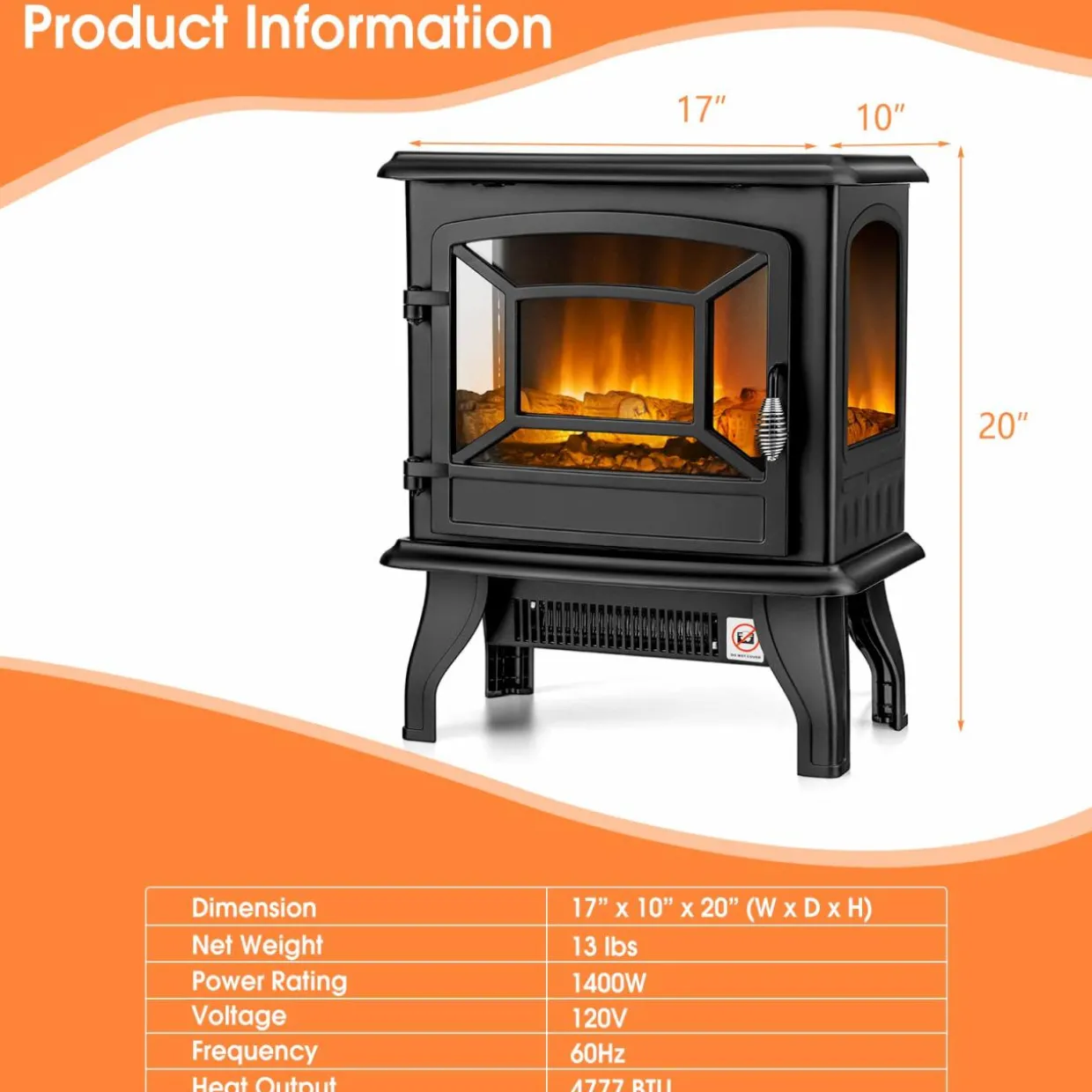 Tangkula 20 Inches Freestanding Fireplace Infrared Heater with Adjustable Thermostat and Realistic Flame Effect 1400W Indoor Space Heater