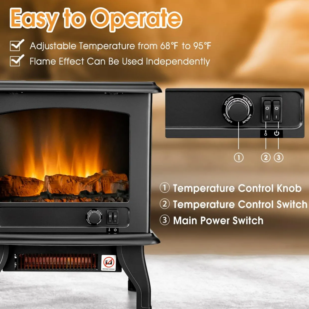 Tangkula 20 Inches Freestanding Fireplace Infrared Heater with Adjustable Thermostat and Realistic Flame Effect 1400W Indoor Space Heater
