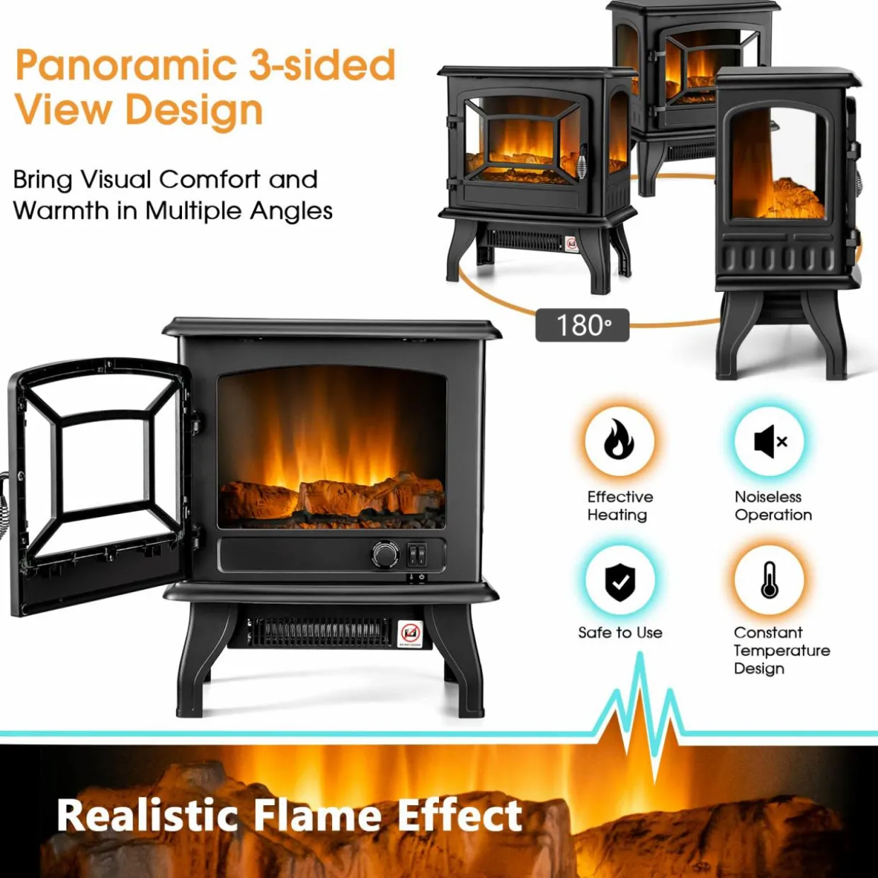 Tangkula 20 Inches Freestanding Fireplace Infrared Heater with Adjustable Thermostat and Realistic Flame Effect 1400W Indoor Space Heater