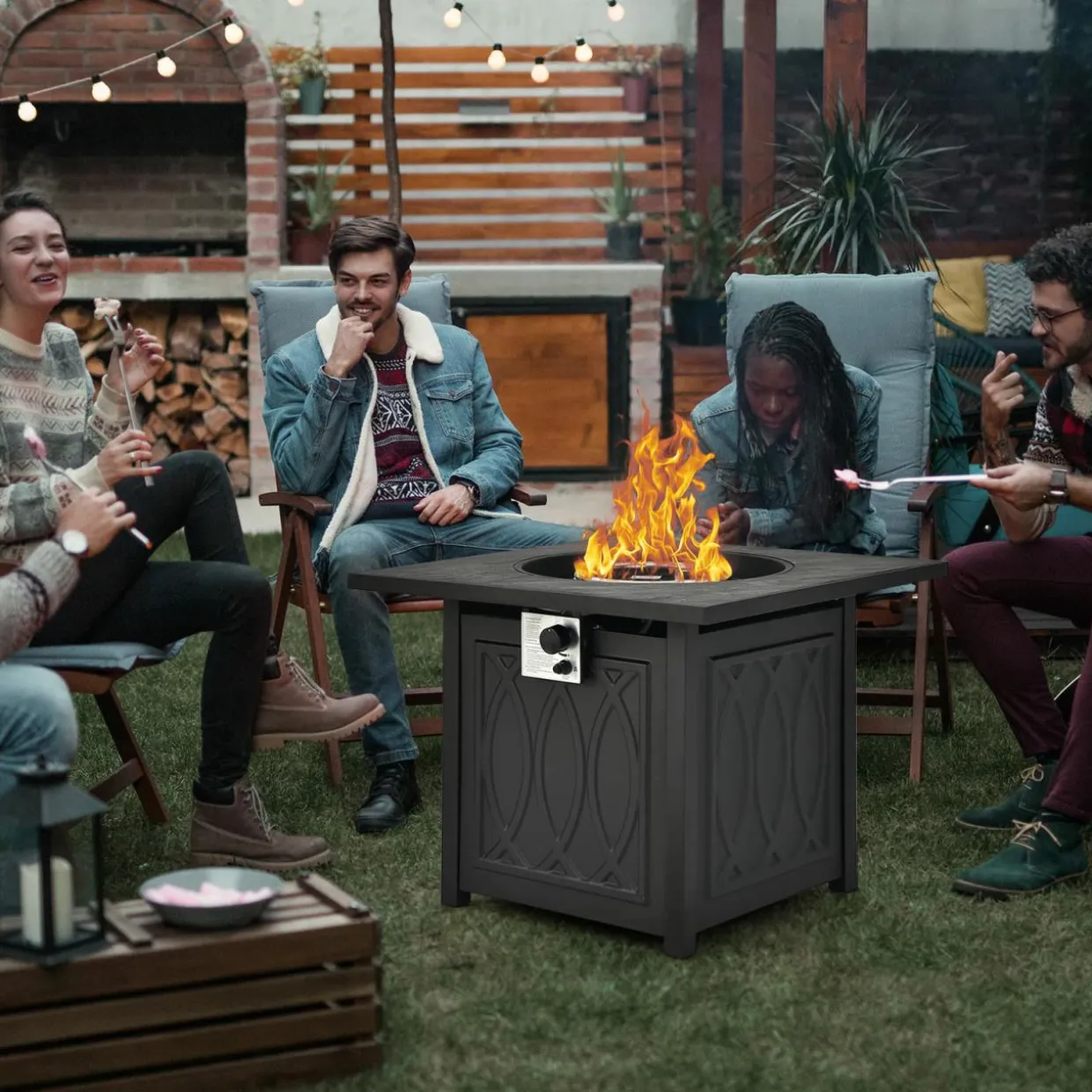 Tangkula 32 Inches Gas Fire Pit Table, 50,000 BTU Square Propane Firepit (Black)
