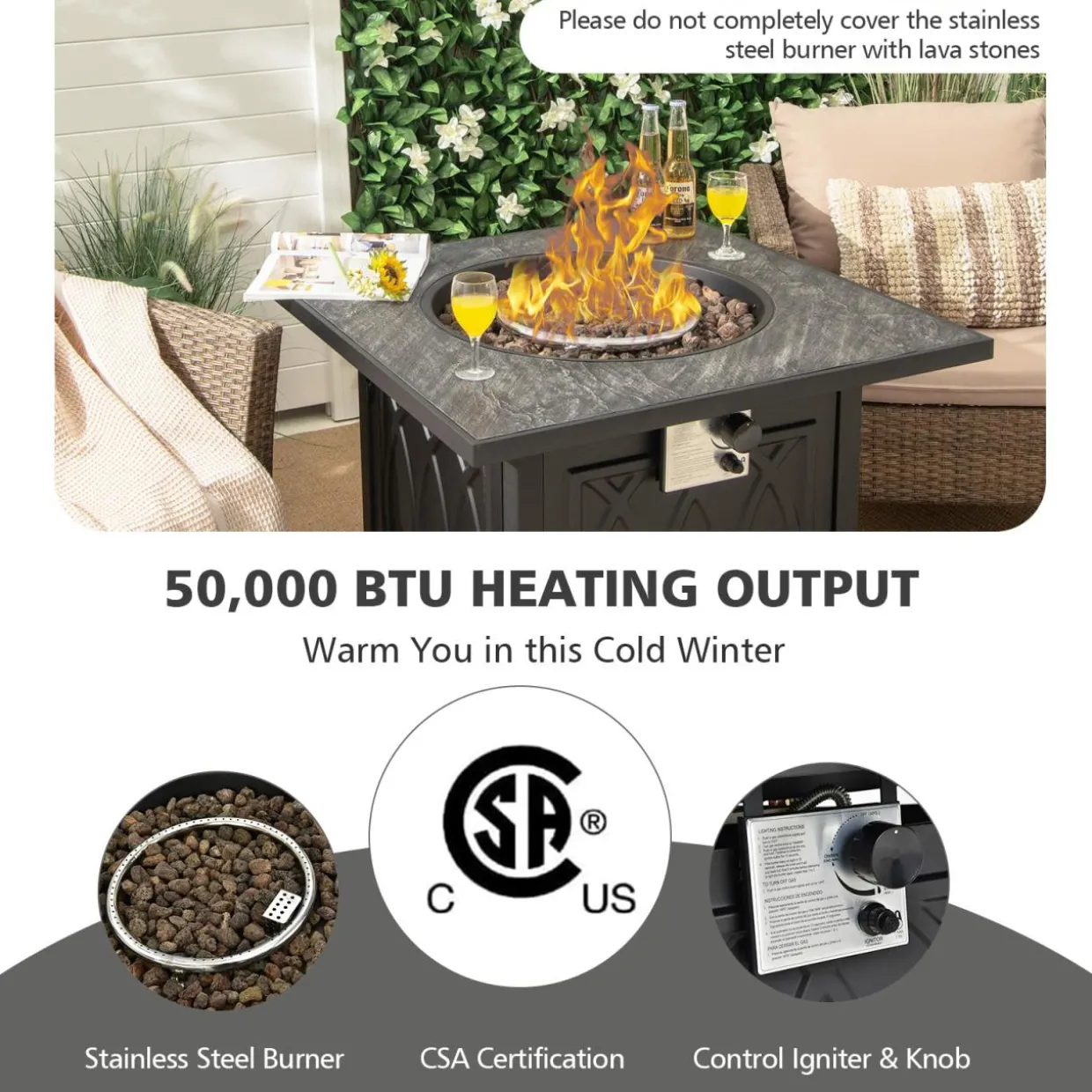 Tangkula 32 Inches Gas Fire Pit Table, 50,000 BTU Square Propane Firepit (Black)