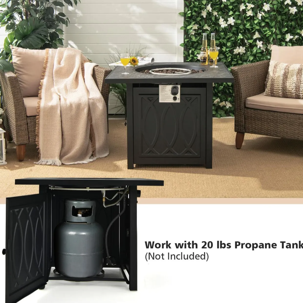 Tangkula 32 Inches Gas Fire Pit Table, 50,000 BTU Square Propane Firepit (Black)