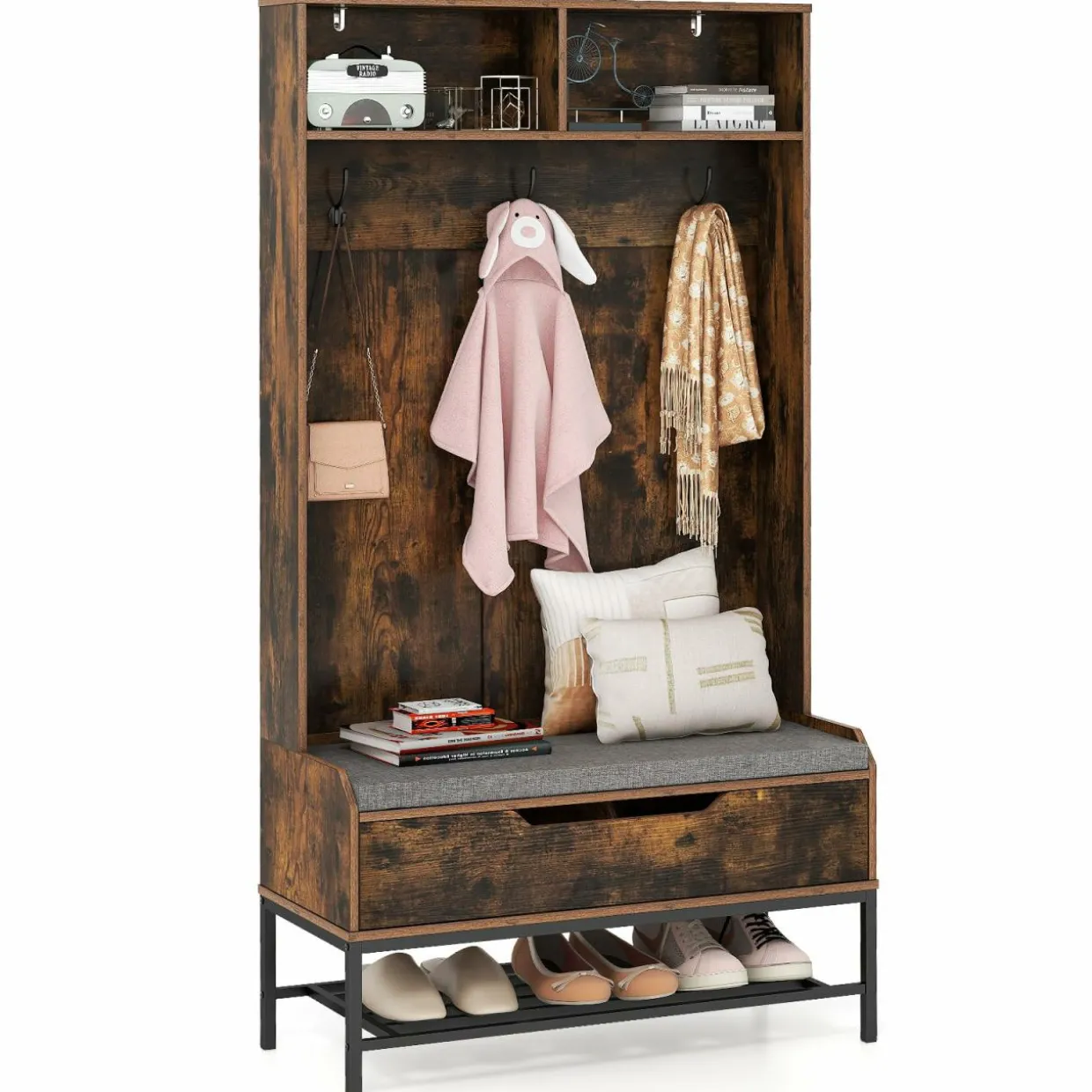 Tangkula 69 Inches Hall Tree, 4-in-1 Coat Rack with Bench and Shoe Storage, Seat Cushion