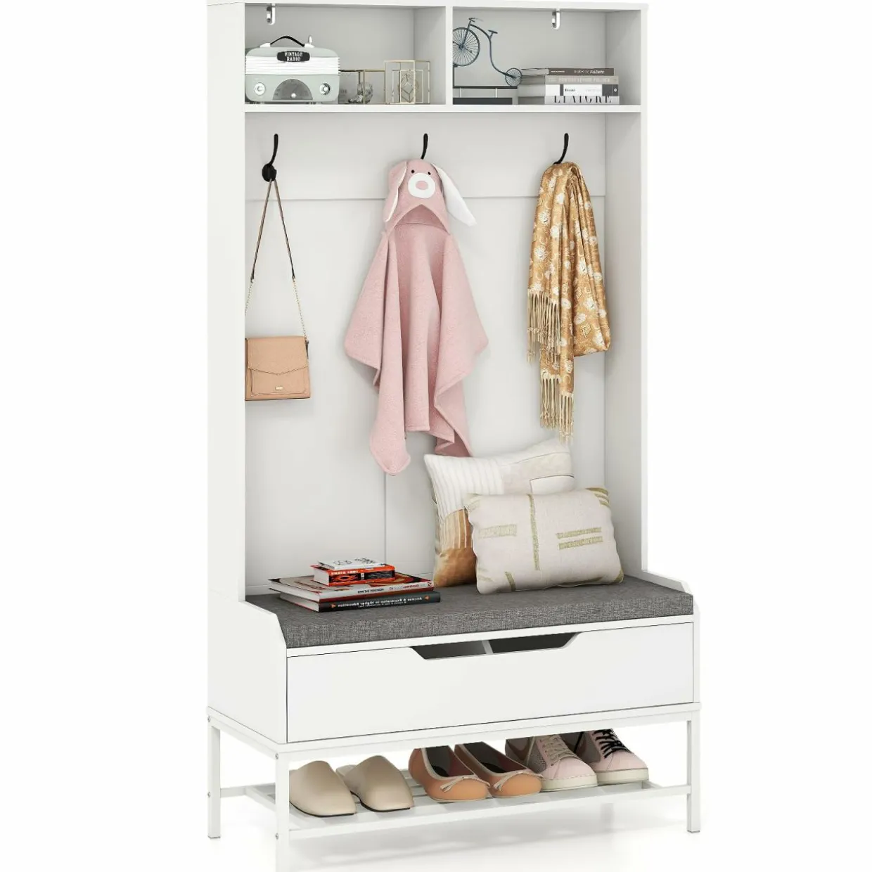 Tangkula 69 Inches Hall Tree, 4-in-1 Coat Rack with Bench and Shoe Storage, Seat Cushion
