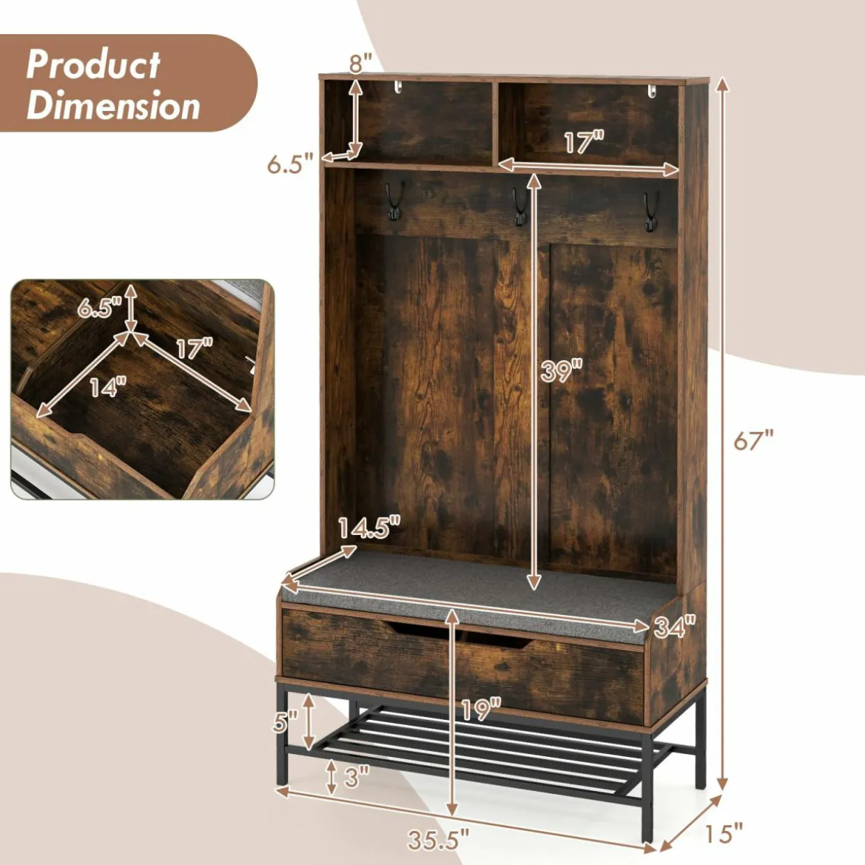 Tangkula 69 Inches Hall Tree, 4-in-1 Coat Rack with Bench and Shoe Storage, Seat Cushion