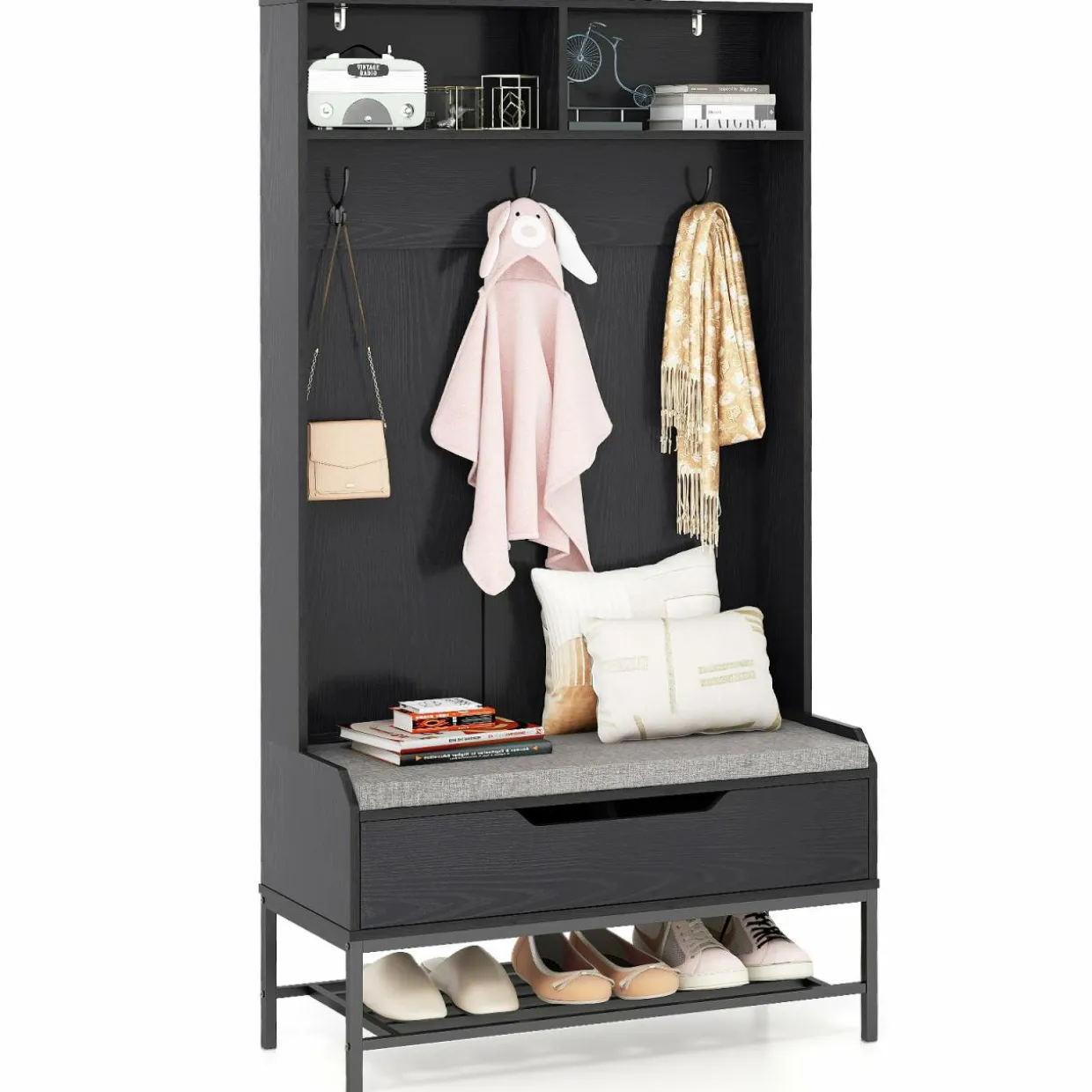 Tangkula 69 Inches Hall Tree, 4-in-1 Coat Rack with Bench and Shoe Storage, Seat Cushion