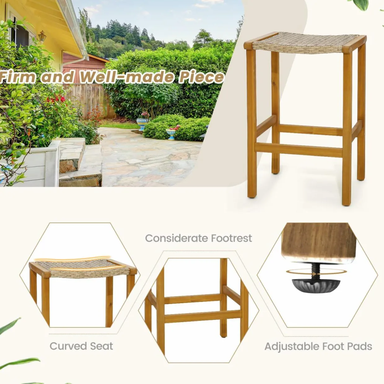 Tangkula 30 Inches high Acacia Wood Heavy Duty Bar Height Stools with PE Rattan Saddle Seat