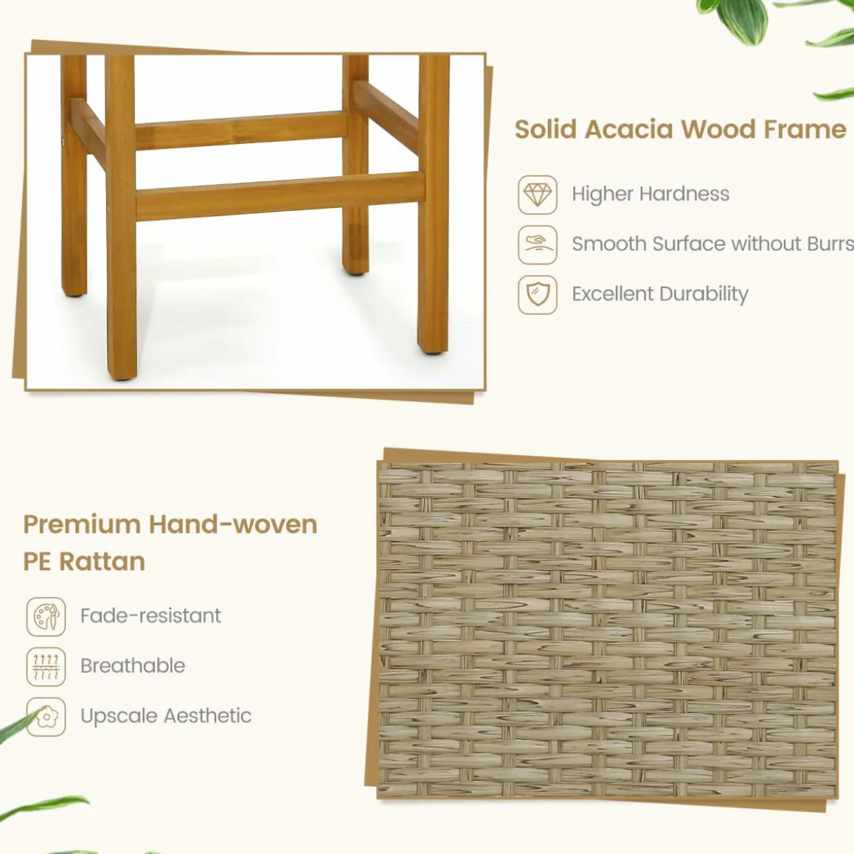 Tangkula 30 Inches high Acacia Wood Heavy Duty Bar Height Stools with PE Rattan Saddle Seat