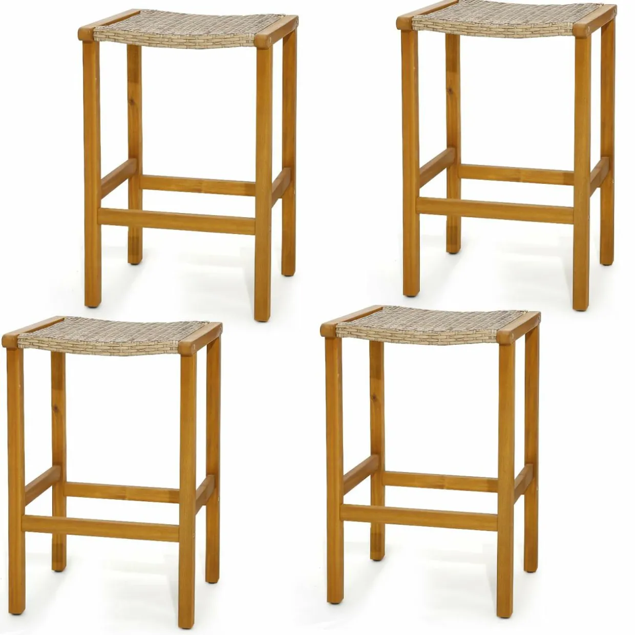 Tangkula 30 Inches high Acacia Wood Heavy Duty Bar Height Stools with PE Rattan Saddle Seat