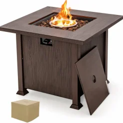 Tangkula 32 Inches Propane Fire Pit, Patiojoy 50,000 BTU Gas Fire Pit Table with Lid