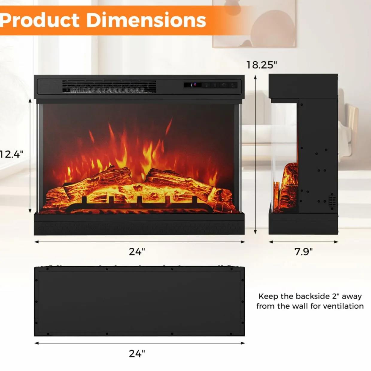Tangkula 24 Inches 3-Sided Electric Fireplace Insert, 5,000 BTU Fireplace Log Heater with Remote Control