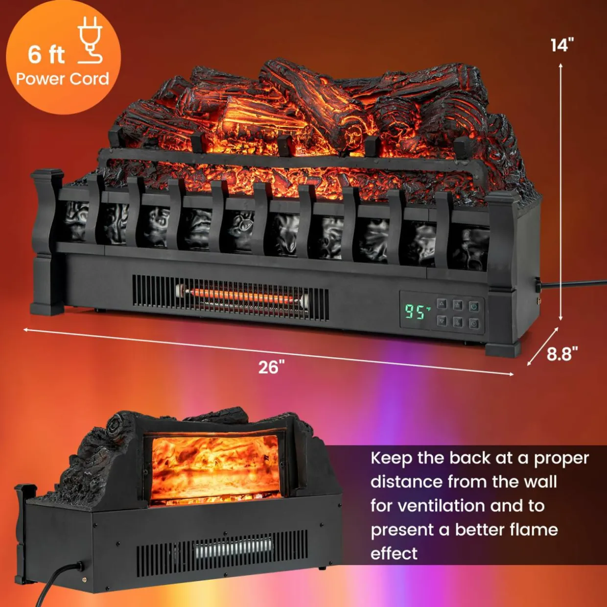 Tangkula 26" Infrared Quartz Electric Fireplace Log Heater with Realistic Pinewood Ember Bed