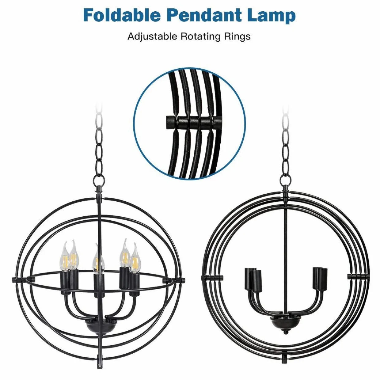Tangkula 5 Light Pendant Light, Rustic Metal Chandelier with 39.5' Iron Chain (Black)