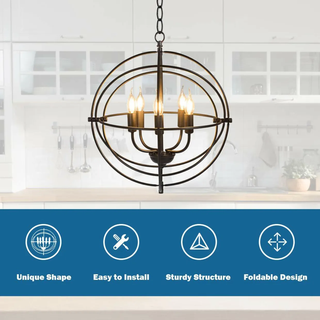Tangkula 5 Light Pendant Light, Rustic Metal Chandelier with 39.5' Iron Chain (Black)