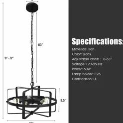 Tangkula 5 Lights Chandelier, Industrial Style Drum Shape Round Ceiling Lamp with Adjustable Hanging Chain & 5 E26 Lamp Holders