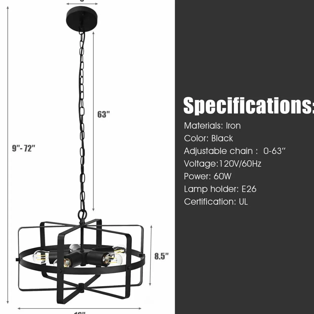 Tangkula 5 Lights Chandelier, Industrial Style Drum Shape Round Ceiling Lamp with Adjustable Hanging Chain & 5 E26 Lamp Holders