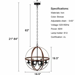 Tangkula 6 Lights Chandelier, Industrial Pendant Light Ceiling Lamp with Bronze Metal Spherical Shade & Adjustable Chain (Bronze)
