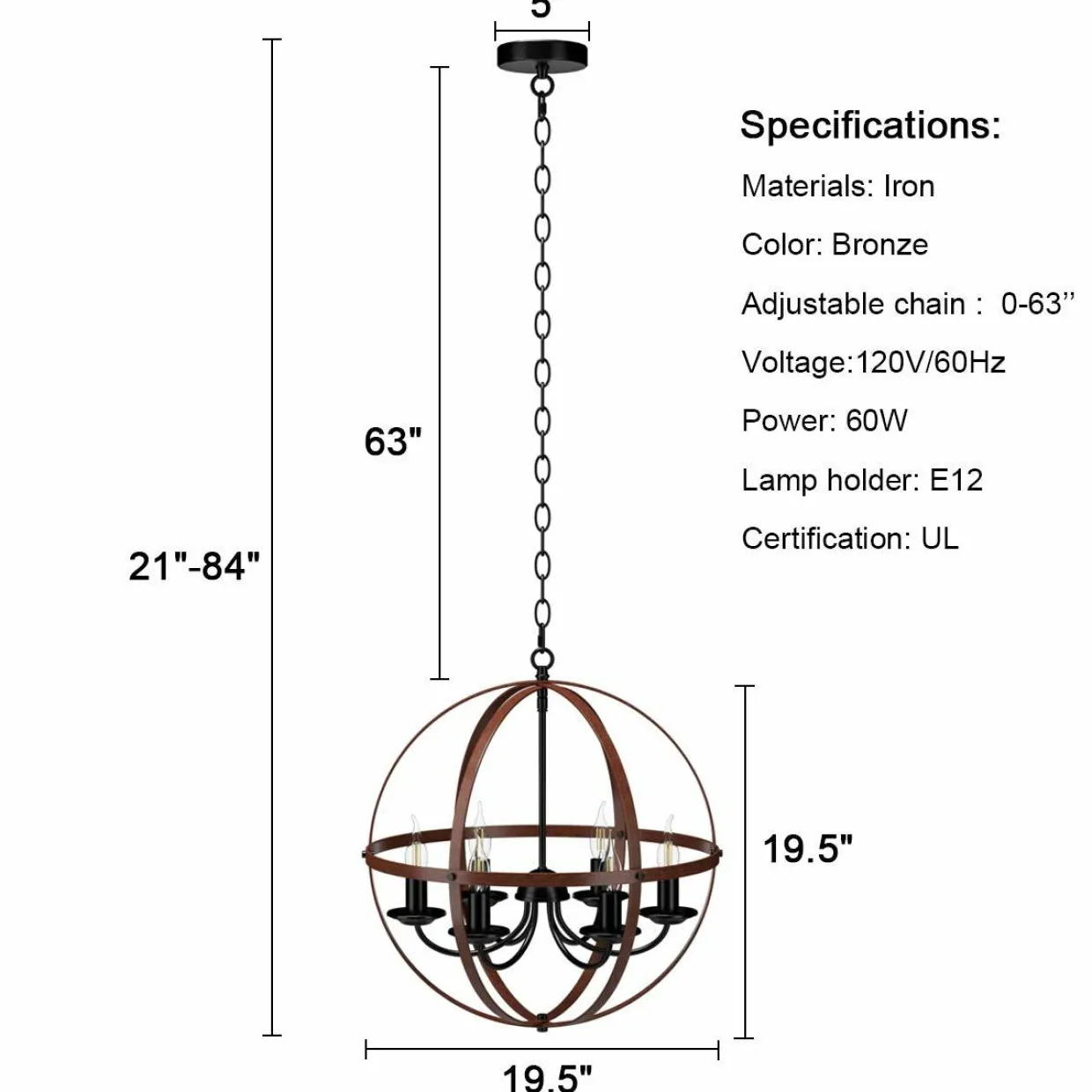 Tangkula 6 Lights Chandelier, Industrial Pendant Light Ceiling Lamp with Bronze Metal Spherical Shade & Adjustable Chain (Bronze)