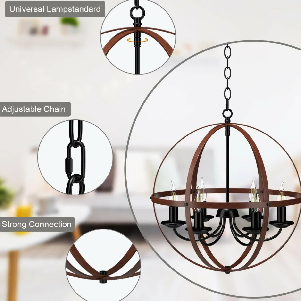 Tangkula 6 Lights Chandelier, Industrial Pendant Light Ceiling Lamp with Bronze Metal Spherical Shade & Adjustable Chain (Bronze)