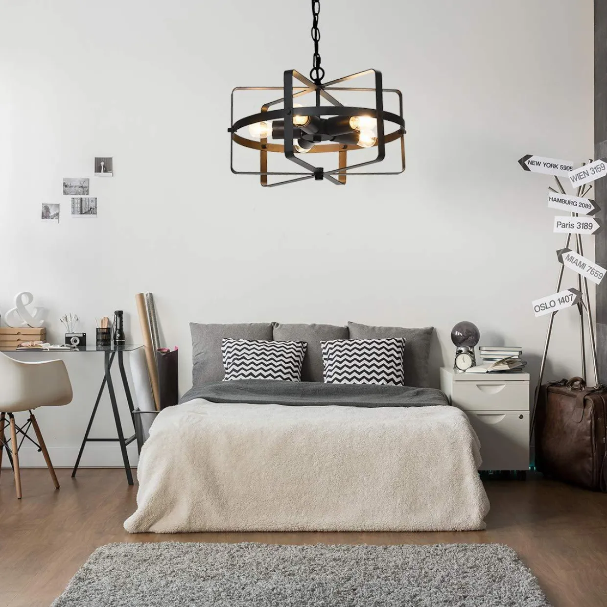Tangkula 5 Lights Chandelier, Industrial Style Drum Shape Round Ceiling Lamp with Adjustable Hanging Chain & 5 E26 Lamp Holders