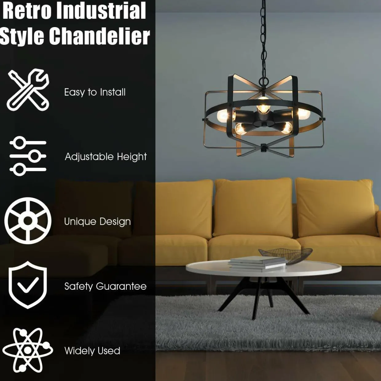 Tangkula 5 Lights Chandelier, Industrial Style Drum Shape Round Ceiling Lamp with Adjustable Hanging Chain & 5 E26 Lamp Holders