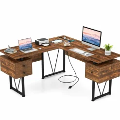 Tangkula 59" L-Shaped Office Desk with 3 Drawers & Charging Station