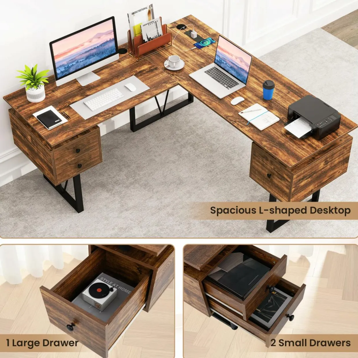 Tangkula 59" L-Shaped Office Desk with 3 Drawers & Charging Station
