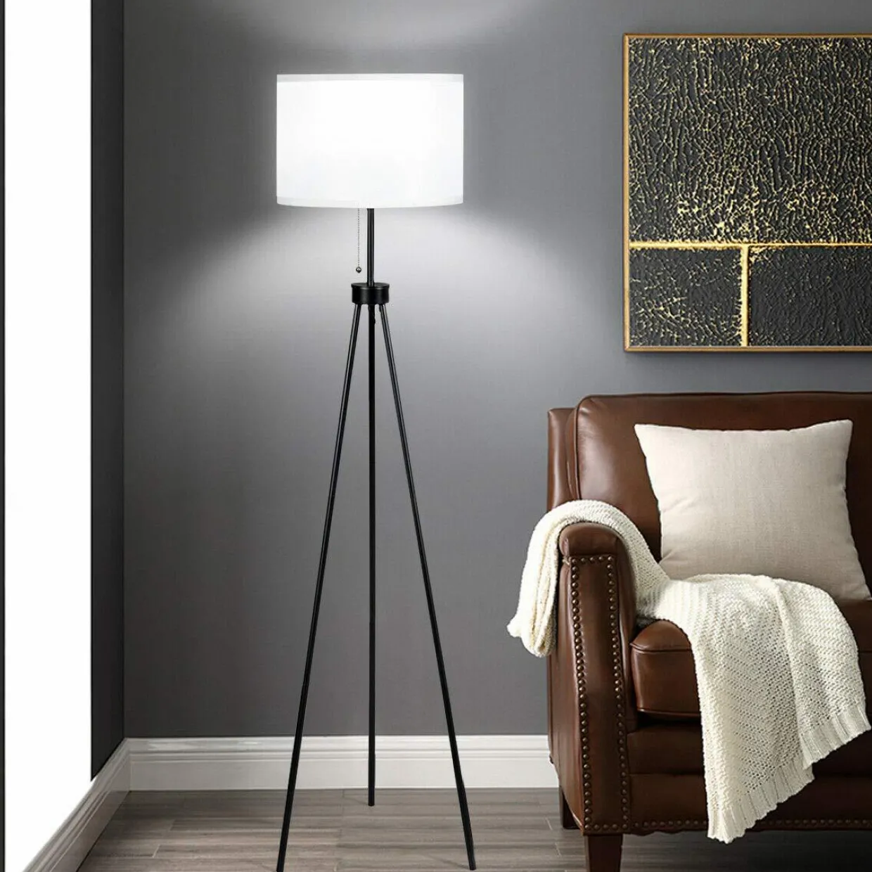 Tangkula 60.5" Metal Tripod Floor Lamp, Contemporary Minimalist Standing Floor Light with Iron Legs