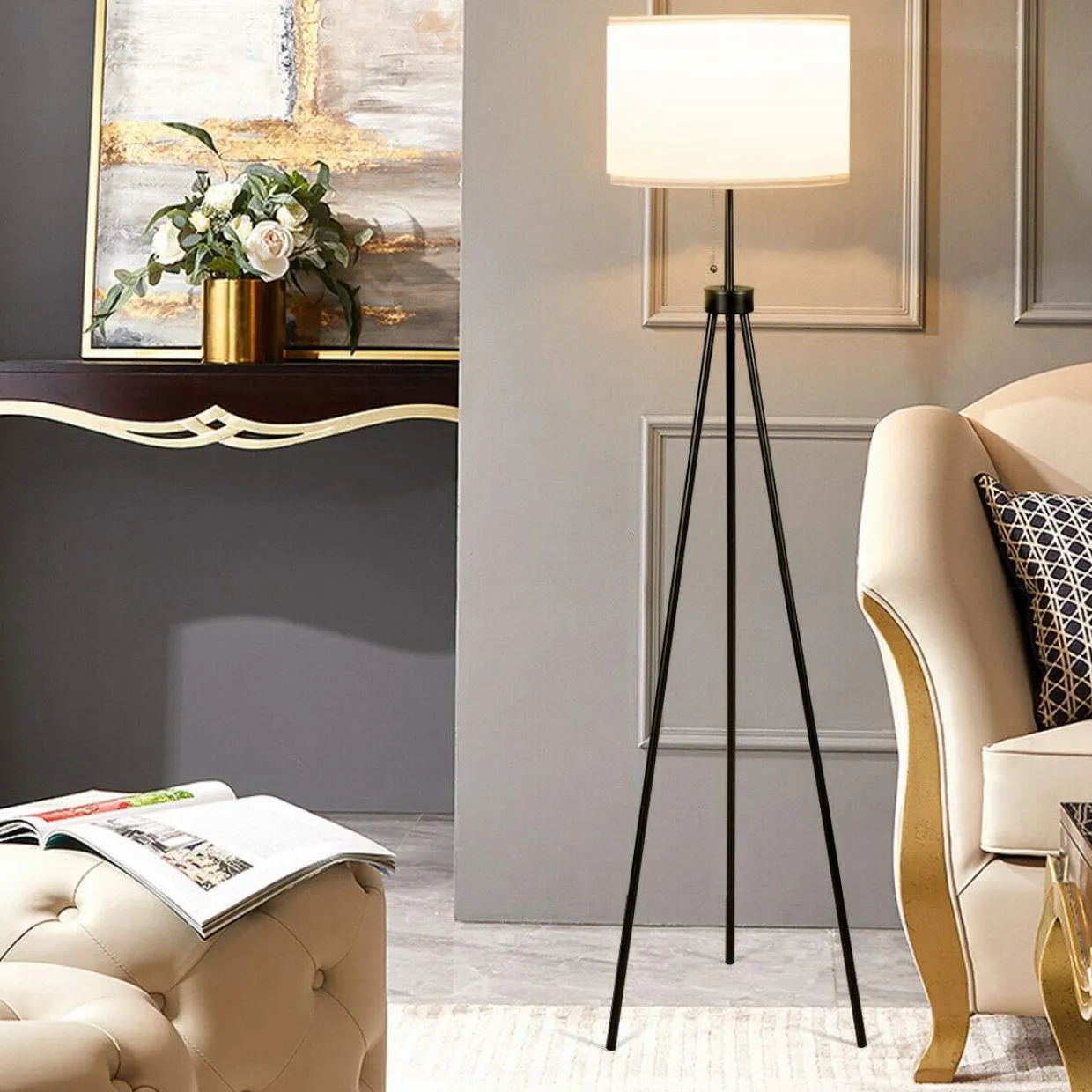 Tangkula 60.5" Metal Tripod Floor Lamp, Contemporary Minimalist Standing Floor Light with Iron Legs