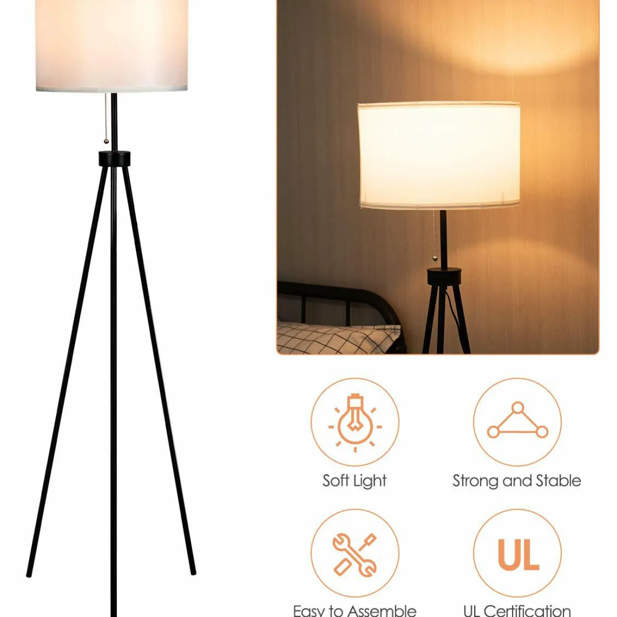 Tangkula 60.5" Metal Tripod Floor Lamp, Contemporary Minimalist Standing Floor Light with Iron Legs