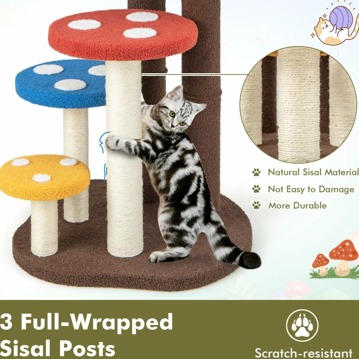 Tangkula 37" Mushroom Cat Tree, Cute Cat Tower with Full-Wrapped Sisal Post