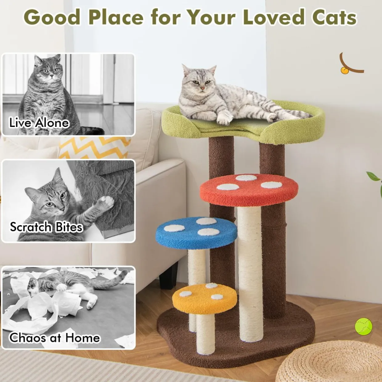 Tangkula 37" Mushroom Cat Tree, Cute Cat Tower with Full-Wrapped Sisal Post