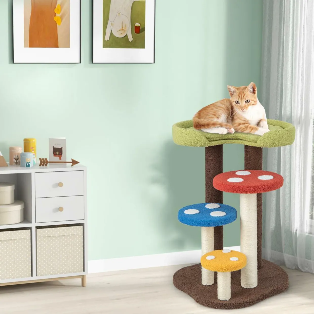 Tangkula 37" Mushroom Cat Tree, Cute Cat Tower with Full-Wrapped Sisal Post