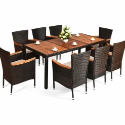 Tangkula 7 or 9 Piece Outdoor Dining Set, Patio Wicker Furniture Set with Acacia Wood Table Top w/Umbrella Hole