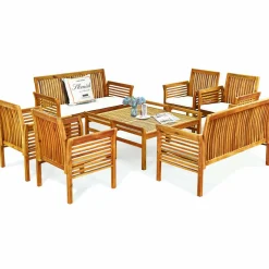 Tangkula 4 or 8 Piece Outdoor Acacia Wood Sofa Set, Padded Patio Conversation Table Chair Set