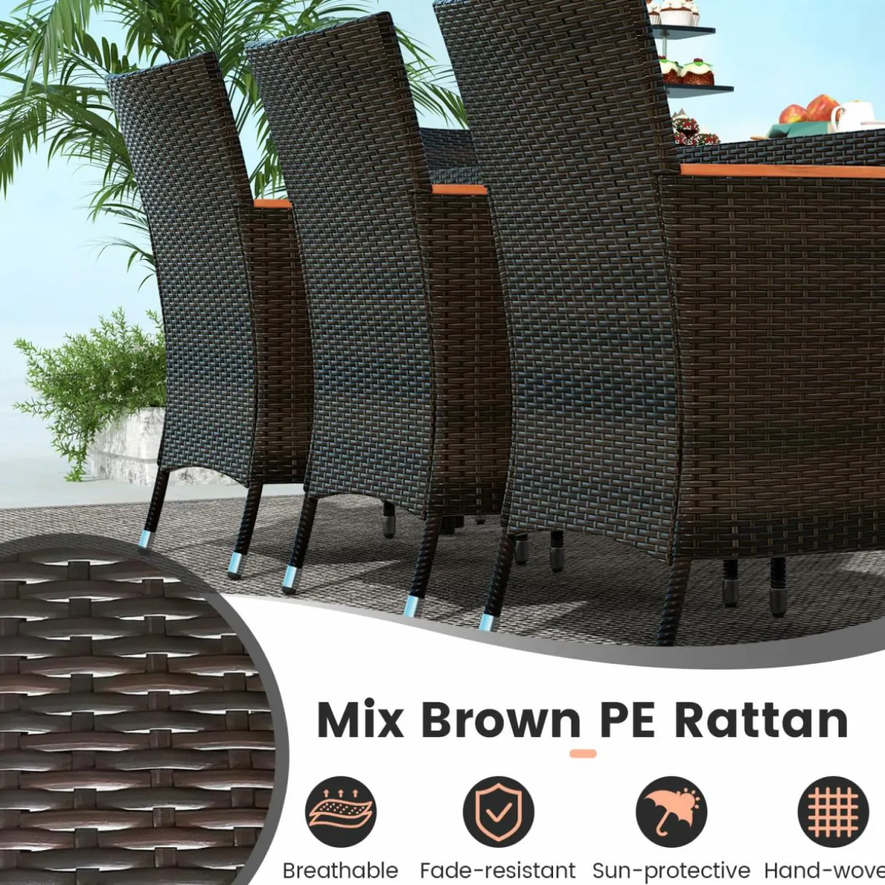 Tangkula 7 or 9 Piece Outdoor Dining Set, Patio Wicker Furniture Set with Acacia Wood Table Top w/Umbrella Hole
