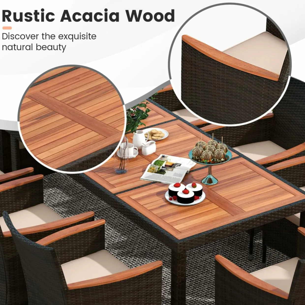 Tangkula 7 or 9 Piece Outdoor Dining Set, Patio Wicker Furniture Set with Acacia Wood Table Top w/Umbrella Hole